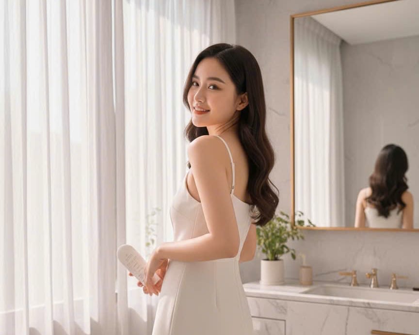 Người mẫu váy lụa trắng cầm tuýp Selora bên rèm cửa đầy nắng