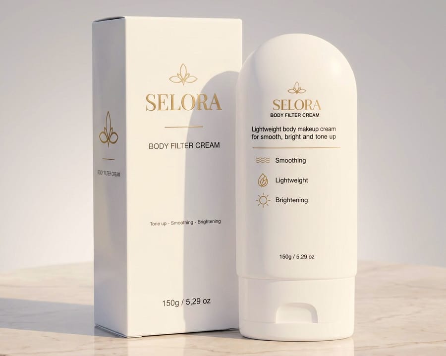 Hộp và tuýp Selora Body Filter Cream trên bệ đá cẩm thạch