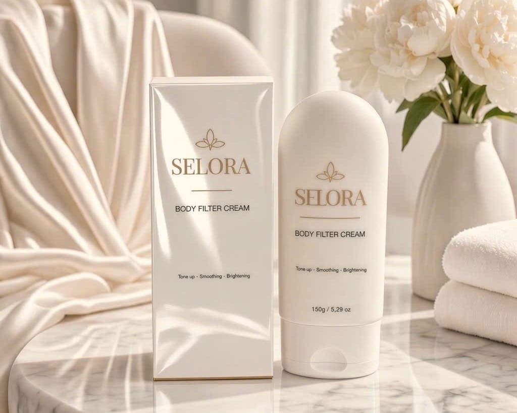 Selora Body Filter Cream bên tấm lụa trắng và bình hoa mẫu đơn
