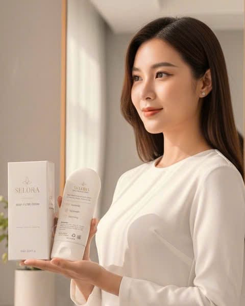 Người mẫu mặc đầm trắng dài tay cầm sản phẩm Selora