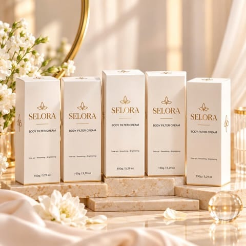 Nhiều hộp Selora Body Filter Cream xếp trên bàn đá cùng hoa trắng