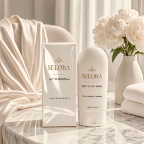 Body filter cream là gì: Selora Body Filter Cream bên hoa mẫu đơn và khăn trắng